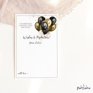 Tarjeta de felicitación de cumpleaños, tarjetas imprimibles de recuerdo de jubilación para hombres, tarjeta con globos dorados y negros, descarga digital editable P251