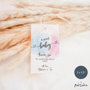 Etichette per baby shower pastello, regali di ringraziamento per rivelazione del sesso, decorazioni con nuvole di fumo blu e rosa, modello modificabile da scaricare P16