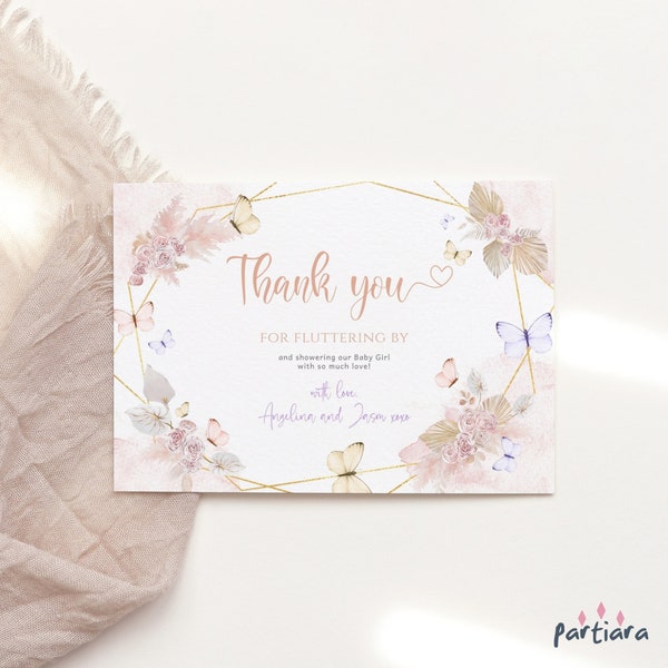 Thank You Notecard Girl Butterfly Baby Shower Bohemian Boho Floral Pastel Pampas Grass Printable Editable Digital Download Template P171