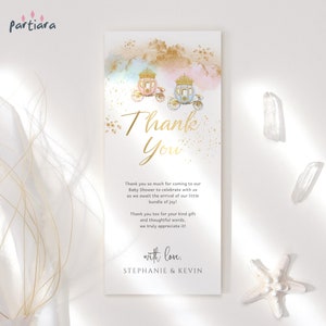 Plantilla de tarjeta de agradecimiento de princesa, tarjetas de notas para mesa de revelación de género imprimibles, decoración de baby shower de niño y niña en tonos pastel azul y rosa, editable P137