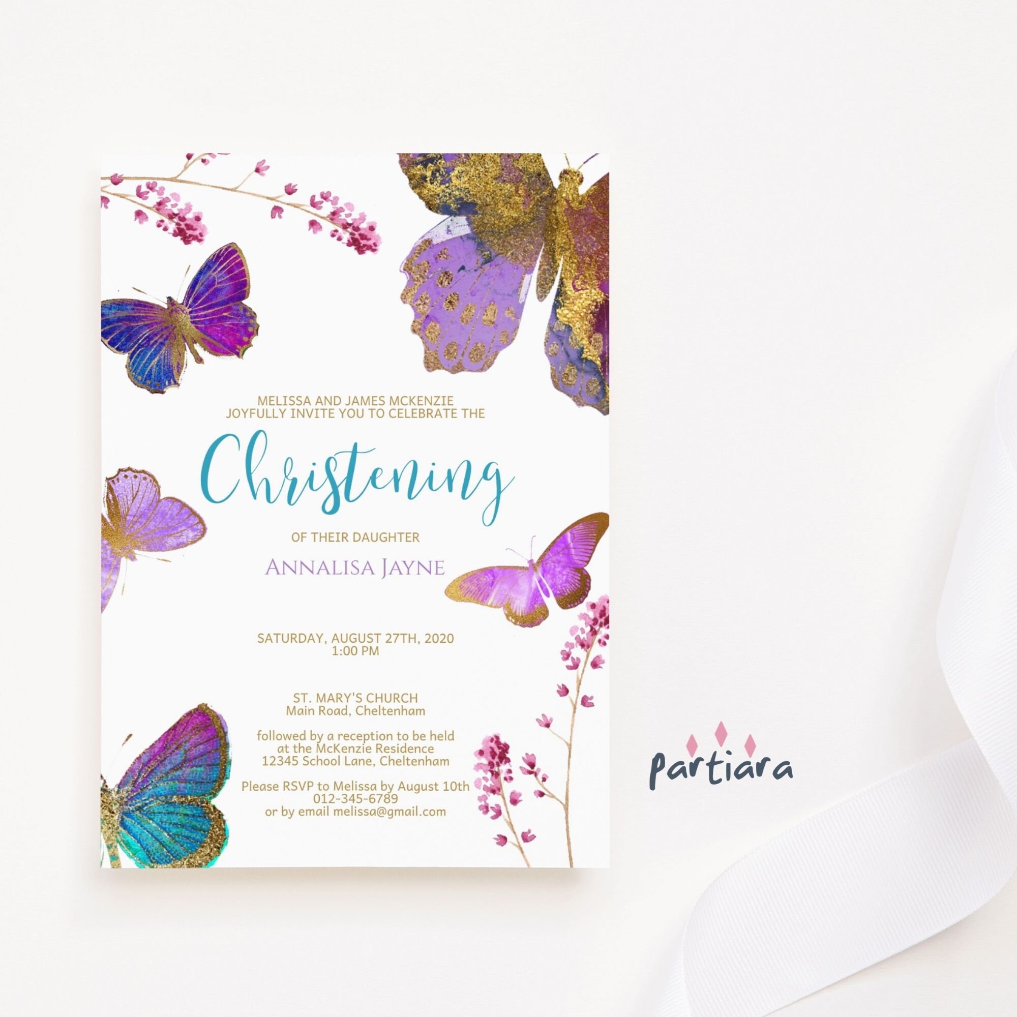 Purple Butterfly Invitation Baby Girl Christening Baptism 1st Etsy