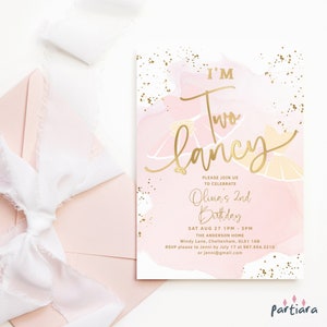 Dois convites elegantes, convites para festa de 2 anos de menina para impressão, decoração rosa pastel blush dourado, cartão de tutu de balé de bailarina, editável P458