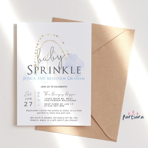 Boy Rainbow Baby Sprinkle Invitation Printable Pastel Blue and Gold Party Invite Editable Digital Download Template P136