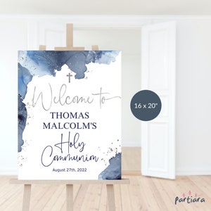 Blue Communion Welcome Sign Printable, Boys First Holy Communion Party Welcome Navy Silver Decor  Editable Digital Download Template P263