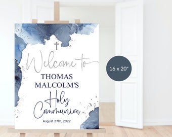 Kommunion Willkommen Schild Vorlage: Jungen erste heilige Kommunion marine blau silber printable P263
