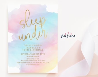 Sleep Under Party Birthday Invite Printable Pastel Rainbow Late Party Invitations Ombre Sky Decor Editable Digital Download Template P179