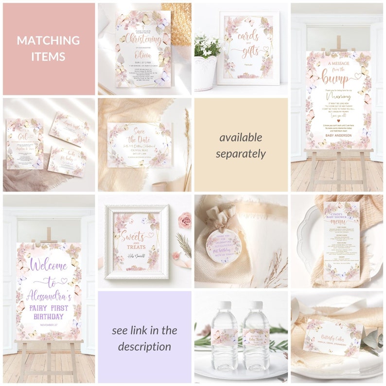 May include: A collection of printable party decorations featuring a watercolor floral design with butterflies and gold accents. The designs include a welcome sign, a save the date card, a christening invitation, a menu, a card and gifts sign, a message from the bump sign, and water bottle labels.