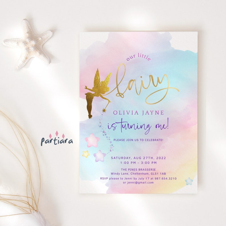 A Little Fairy 1st Birthday Invitation Printable Girl Pastel Rainbow Tea Party Invite Editable Digital Download Template P179