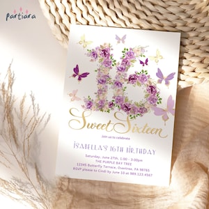 Sweet 16 Invitation Butterfly Sweet Sixteen Party Invite Purple Lilac Gold Floral Decor Printable Editable Digital Download Template P276