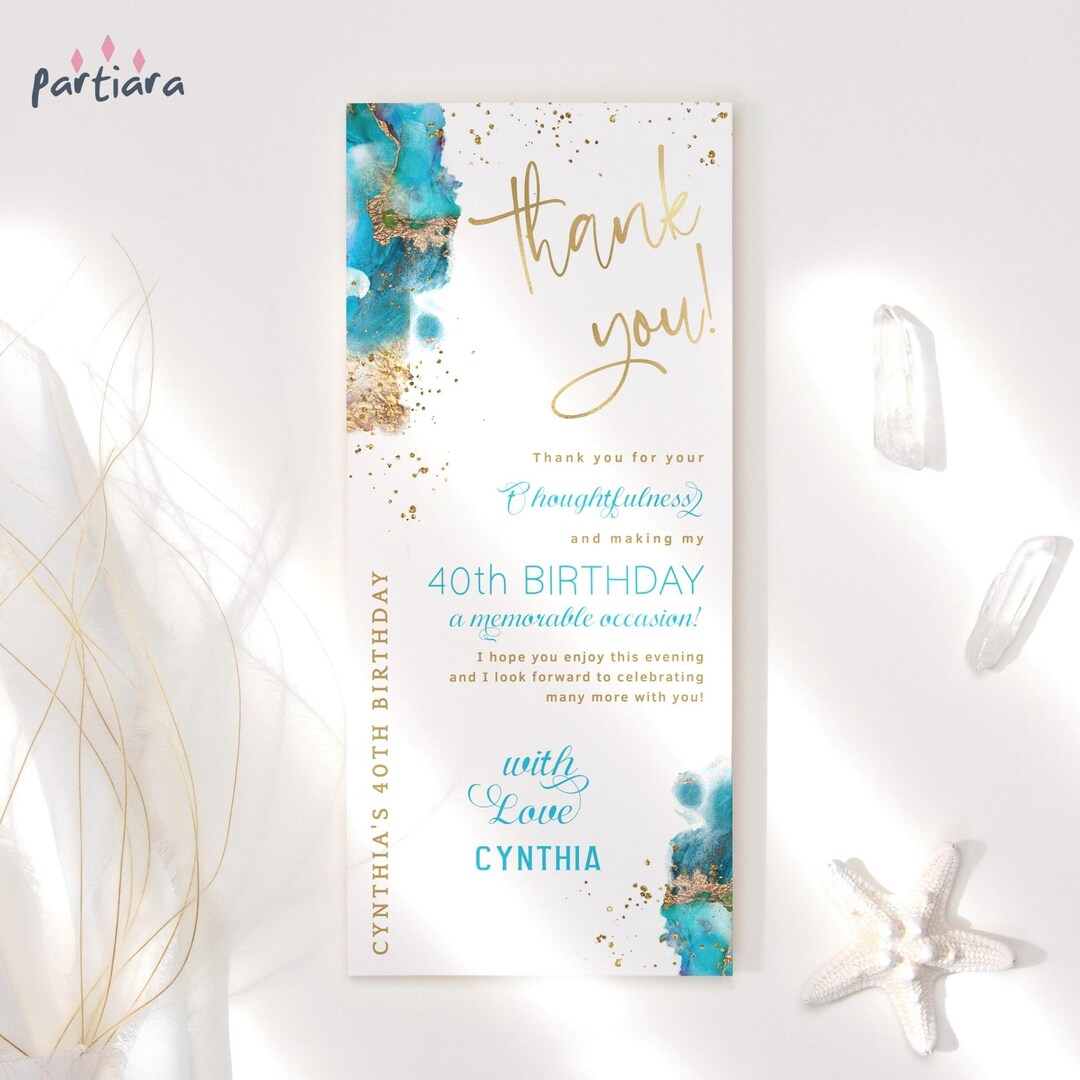 Birthday Thank You Card Table Decor Printable, Teal Aqua Blue Gold ...