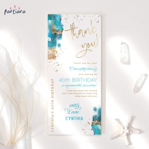 Geburtstag Danke Karte Tisch Dekor druckbare, Teal Aqua Blau Gold Platte Einstellung Dekor für Jungen oder Mädchen, bearbeitbare digitaler Download P243