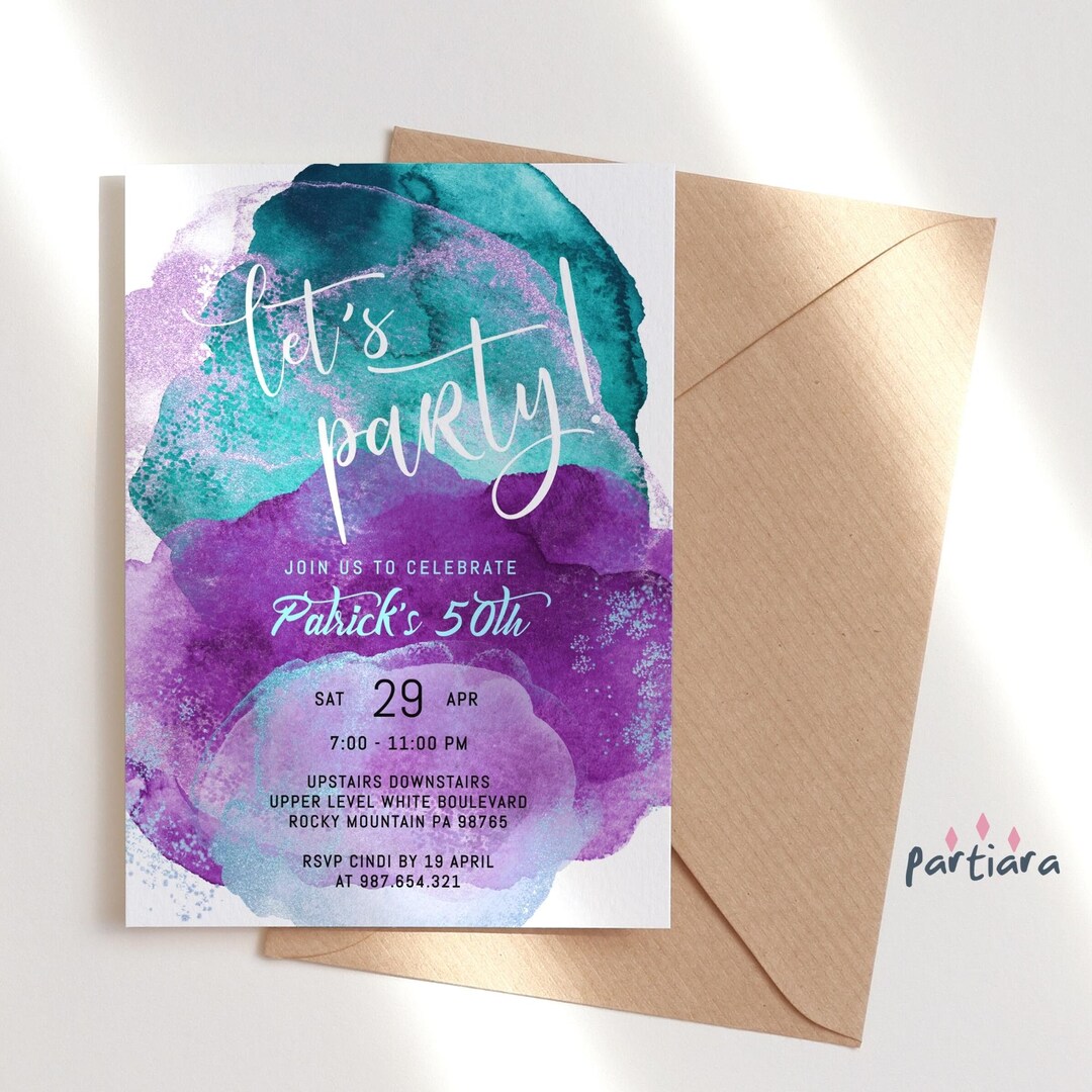 Purple Teal Birthday Invitation Printable Teen Girls Ladies Etsy