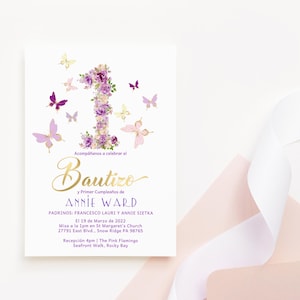 Convite de Batismo de Borboleta Lilás Convite para Festa de 1º Aniversário e Batizado de Meninas Convite para Imprimir Editável Digital Download Convites em Espanhol P276 P6