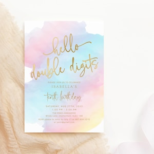 Double Digits Invite Girl 10th Birthday Party Invitations Printable Pastel Rainbow Sky Disco Party Editable Digital Download Template P179