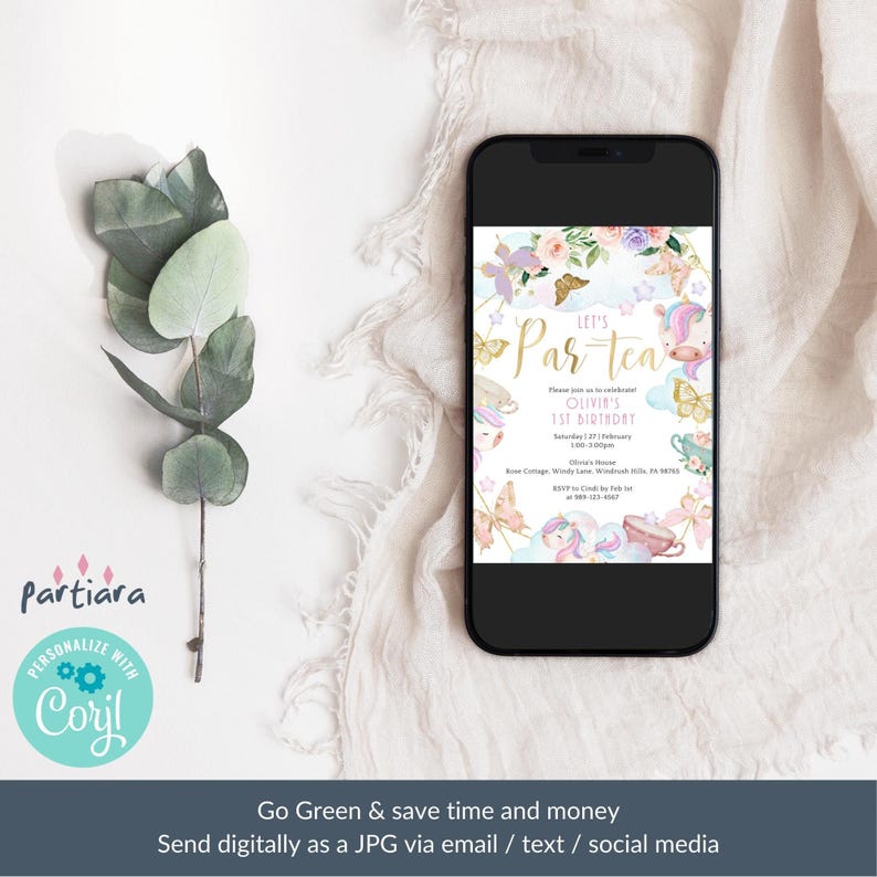 Unicorn Birthday Tea Party Invite 1st Birthday Invitation Printable Pastel Girls Floral Butterfly Theme Pink Lilac Gold Decor Editable P634 image 5