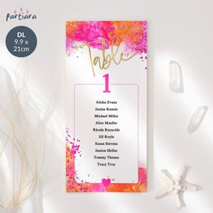 Numéros de table tropicaux, cartes de visite imprimables, modèles d'anniversaire d'adolescentes, décoration orange rose vif pour femmes, P200 modifiable