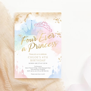 Princess Invite 4th Birthday Four Ever a Princess Fairytale Party Invitation Printable Pastel Blue Pink Castle Carriage Decor Editable P137
