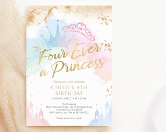 Princess Invite 4th Birthday Four Ever a Princess Fairytale Party Invitation Printable Pastel Blue Pink Castle Carriage Decor Editable P137