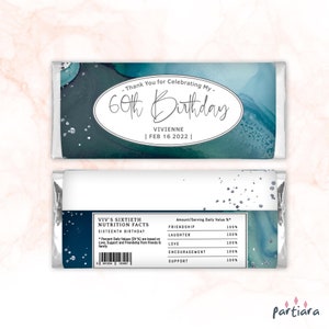 Teal Silver Chocolate Wrapper Template, Small Candy Bar Labels Printable, Birthday Party Favors, Editable Digital Download P279