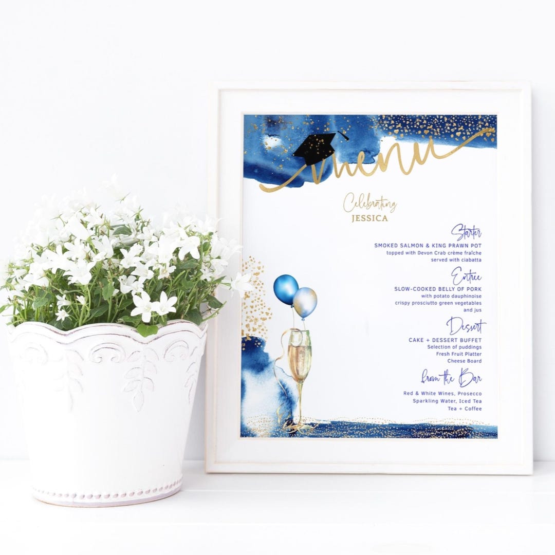 Menu Greeting Graduation Graduation Menu Sign Template, Navy Blue Grad Buffet Menus Printable ...