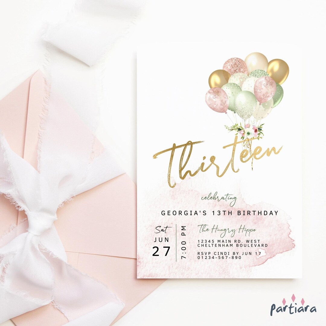 13th Birthday Invite Editable Template Blush Pink Green and Gold