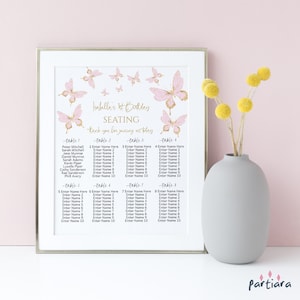 Zithoek vlinder, 1e verjaardag zitplaatsen bord afdrukbaar voor meisjes, pastel blush roze babyshower zitplaatsen tafelplan, bewerkbare P293