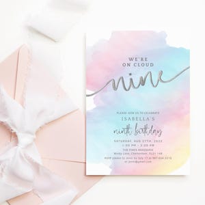 Cloud 9 Invitation, 9th Birthday Party Invite Digital Download, on Cloud 9 Printable, Girls Pastel Rainbow Decor, Editable Template P179