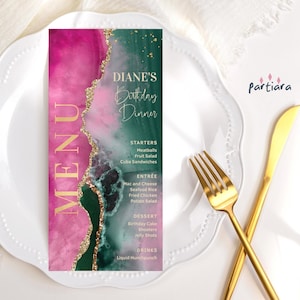 Fuchsia Rosa Grün Menükarte Printable Hot Pinks Smaragd Gold Damen Geburtstag Dinner Party Tischmenüs Bearbeitbar Digitaler Download P700