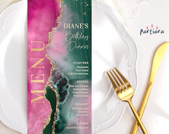 Birthday Menu Pink Green Template: Ladies Dinner Party Table Menus Printable (Digital Download) P700