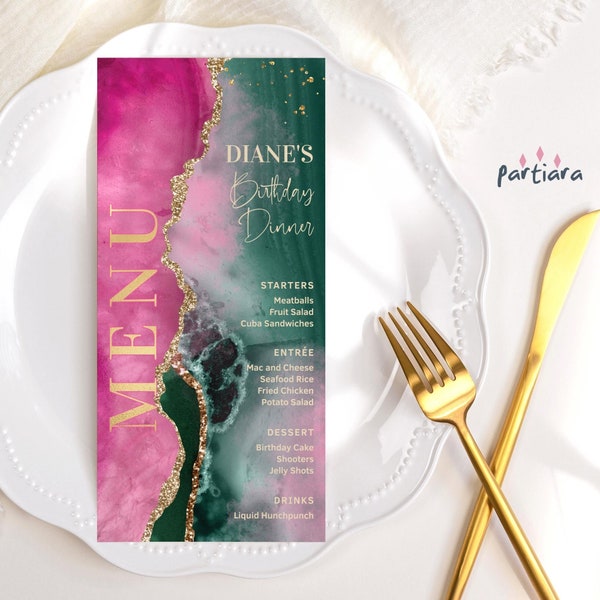 Fuchsia Pink Green Menu Card Printable Hot Pinks Emerald Gold Ladies Birthday Dinner Party Table Menus Editable Digital Download P700