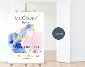 Twin Gender Reveal Party Welcome Sign Printable Boy Girl Baby Reveal Poster Decor Editable A2 Template Pink Blue and Gold Confetti Smoke P16