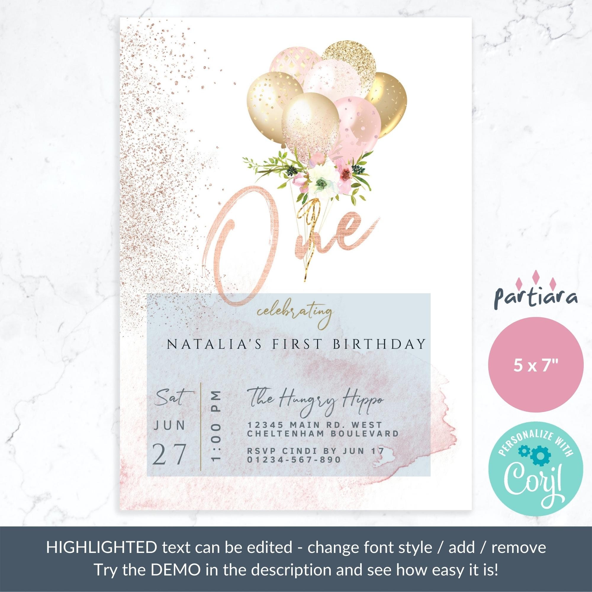 Girl 1st Birthday Invitation Printable Rose Gold Balloons - Etsy