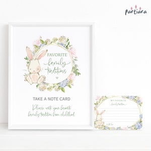 Jeu de baby shower lapin, traditions familiales imprimable signe et carte de correspondance ensemble modèle modifiable, garçon ou fille bleu rose floral hortensia P44