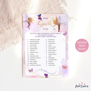 How Sweet it Is Game Fairy Baby Shower Party Activity Template, Girl Butterfly Fairies Pink Purple Rose Gold Decor Printable, Editable P676