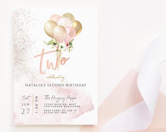 Pink 2nd Birthday Invitation Template: Girls Blush Gold Balloons Printable (Digital Download) P382