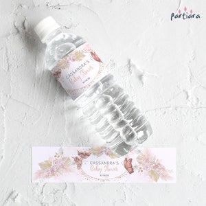 Butterfly Water Bottle Label Template, Girl Baby Shower Labels Printable, Boho Pastel Pink Rose Gold Floral Pampas Decor, Editable P171