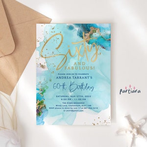 Damen Sechzig und fabelhafte Geburtstagseinladung Druckbare 60. Strandparty Brunch-Mittag- oder Abendessen einladen bearbeitbare Vorlage Blau Gold P132 P243