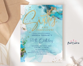 Ladies Sixty and Fabulous Birthday Invitation Printable 60th Beach Party Brunch Lunch or Dinner Invite Editable Template Blue Gold P132 P243