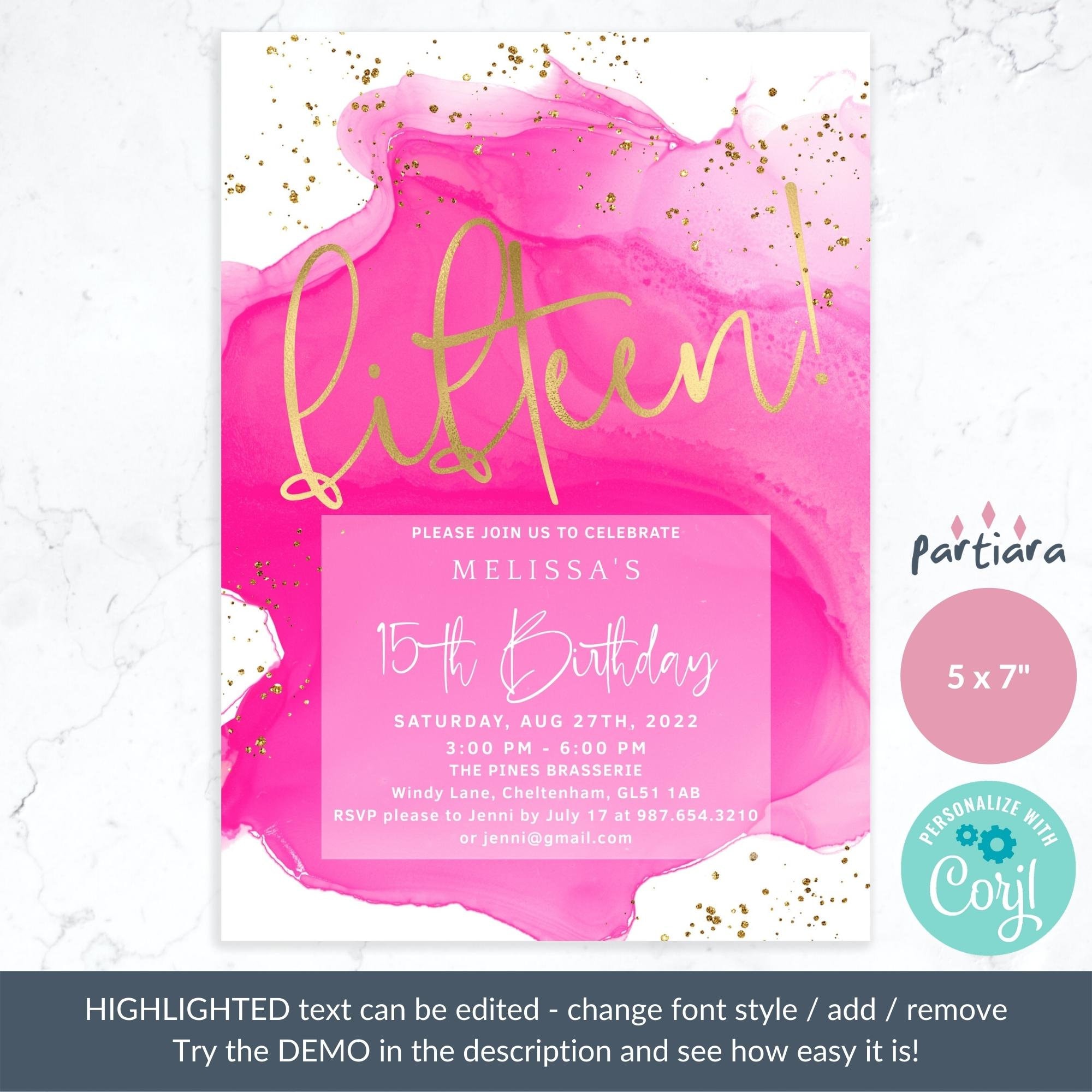 15th Birthday Invitation Printable Girl's Fuchsia Hot Pink - Etsy