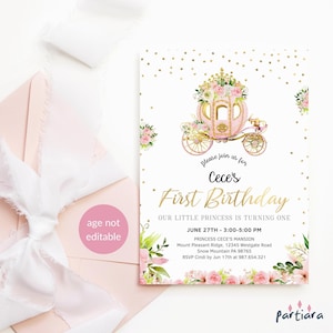 Princess 1st Birthday Invitation Template, Girls Fairytale Party Invite Printable, Pink Floral Gold Card, Editable Digital Download P137