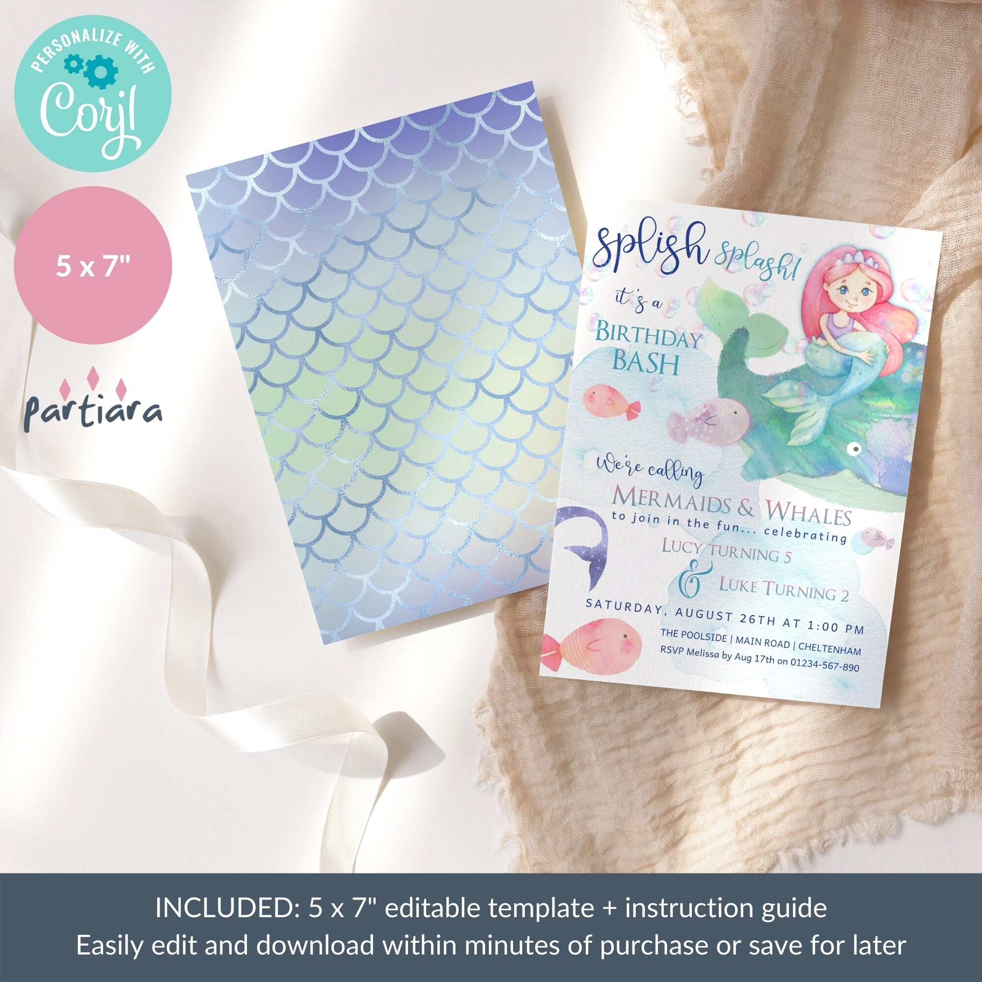 Editable Mermaid Birthday Pool Party Invite Printable Girls - Etsy