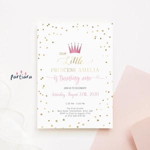 1st Birthday Princess Invitation Template, Fairytale Party Invite Printable, Pink Gold Tiara Decor, Editable Digital Download P137