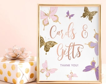 Butterfly Baby Shower Sign Cards and Gifts Table Decor Printable Girl's 1st Birthday Party Butterflies Poster Editable Download P6 P345