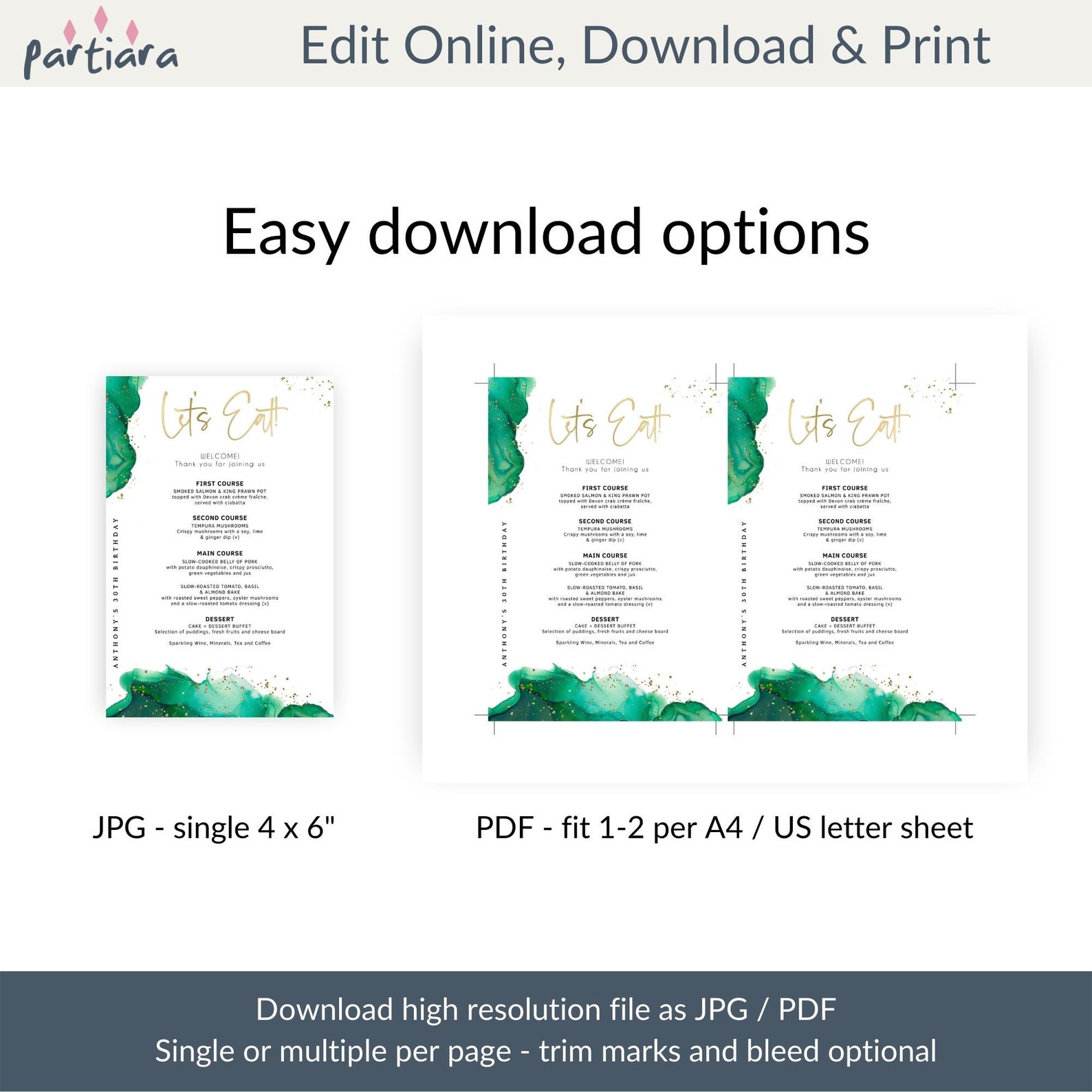 Emerald Green Menu Template, Birthday Dinner Party Table Menus ...