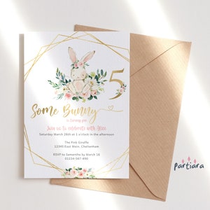 Some Bunny Invitation 5th Birthday Party Printable for Girls, Pink Floral Gold Rabbit Decor for a Girl Turning Five, Editable P376