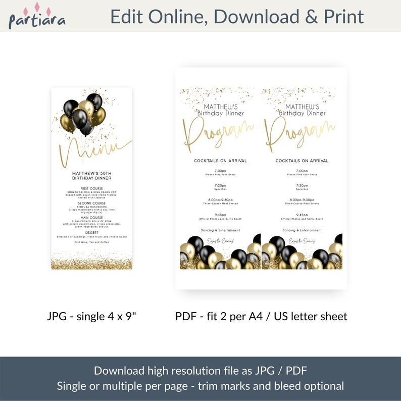 Black Gold Menu Program Card Editable Template Men or Ladies - Etsy