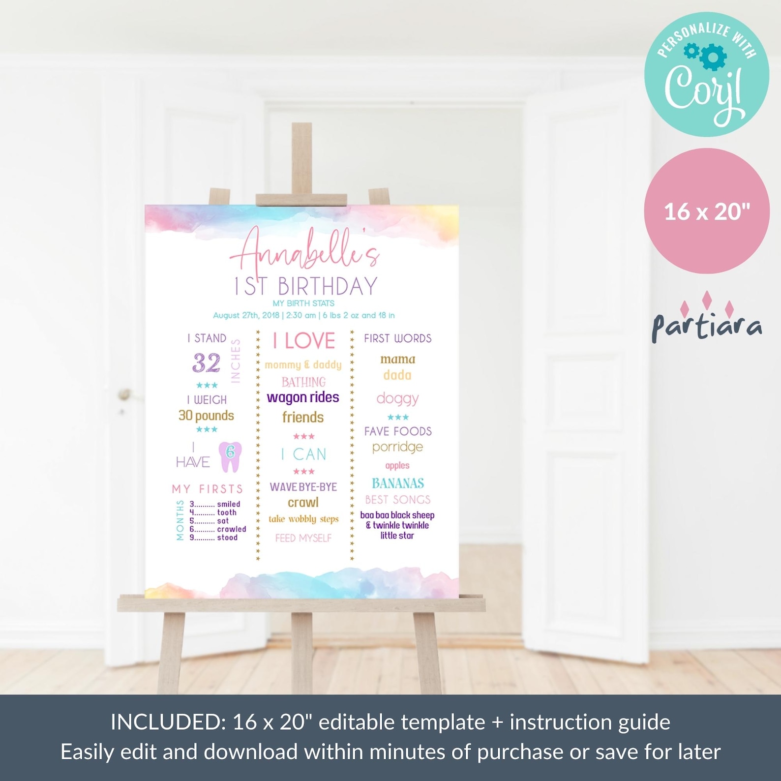 Rainbow Milestone Chart Template, 1st Birthday First Year Birth Stats ...