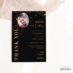 Modello di biglietto di ringraziamento per compleanno, biglietti fotografici modificabili in nero e oro stampabili, eventi per ragazzi o ragazze, download digitale P620