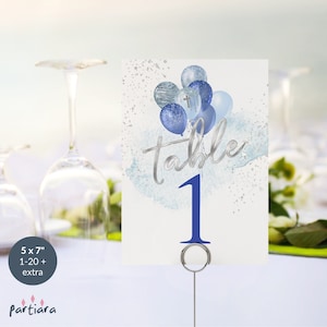 Blue Baptism Table Numbers Printable, Boys Christening Party Tables Decor Card, Pastel Balloons, Editable Digital Download Template P291