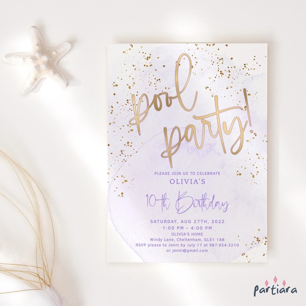 Editable Purple Pool Party Invite Girl 10th Birthday Swimming Invitations Printable Lavender Lilac Gold Decor Digital Download Template P680